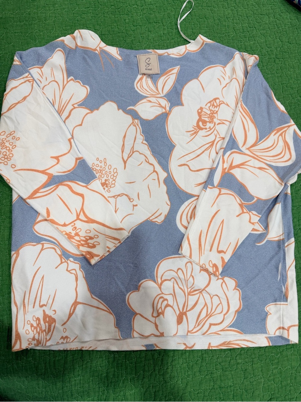 Sioni Blue and White Floral Long-Sleeve Top with Orange Accents